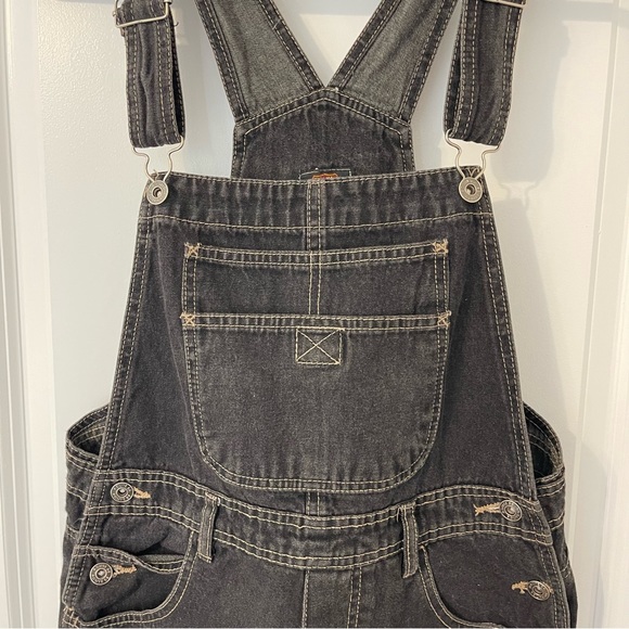 Vintage Denim Shortalls Bib Overalls Jeans Route 66 90s Y2K Womens L 9-10 Black - Picture 5 of 11